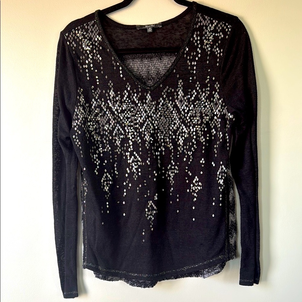 Miss Me Black Long Sleeve V-Neck Tee with Silver Sequin Pattern